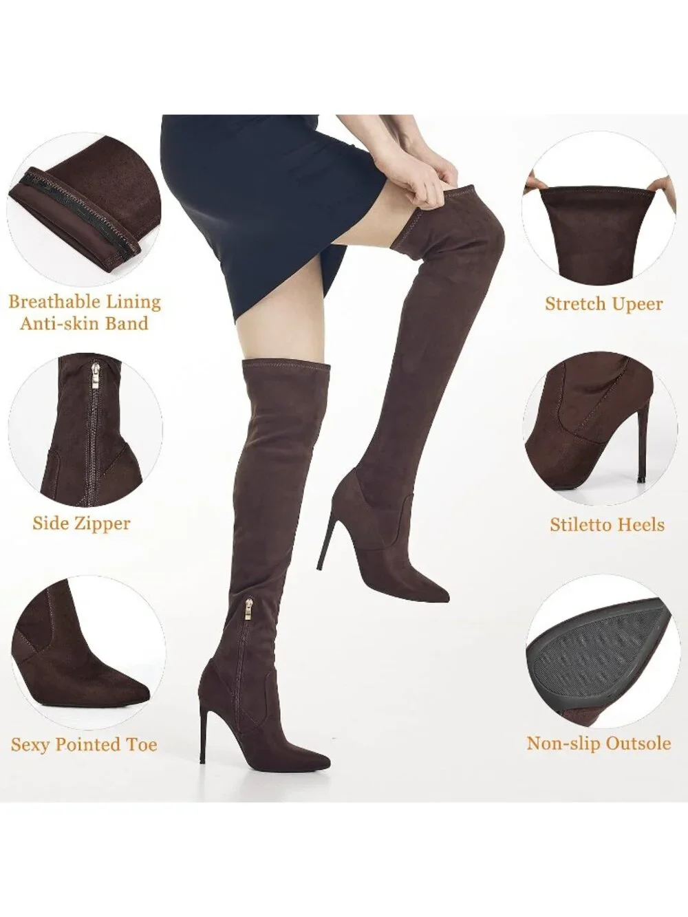 🆕 Women's Suede Coffee Brown Over The Knee Boot Stiletto Pointed Toe High Heel